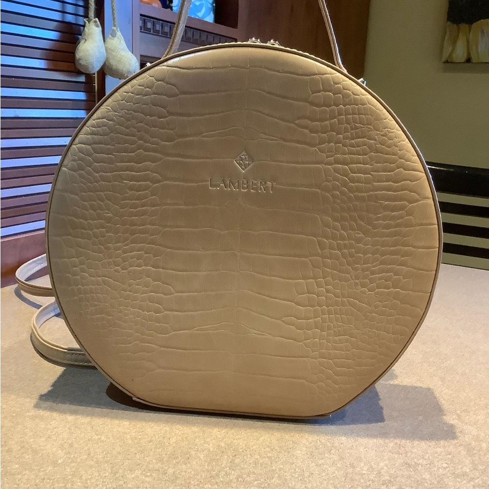 Beige Croc-Embossed Circular Backpack
